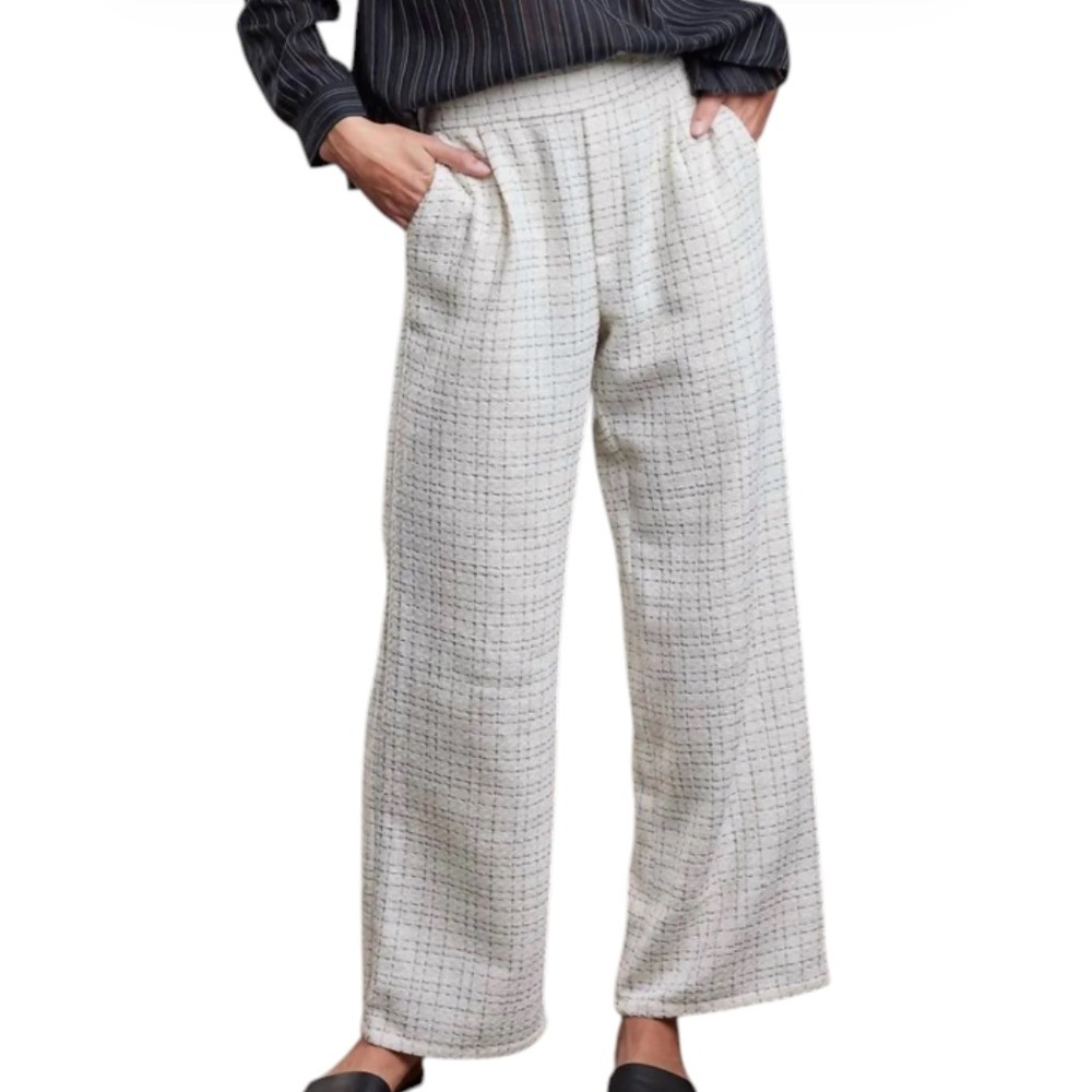 SUNDAYS Cream Boucle KAYDEN WINDOWPANE w/GUNMETAL METALLIC Pleated Pants XS